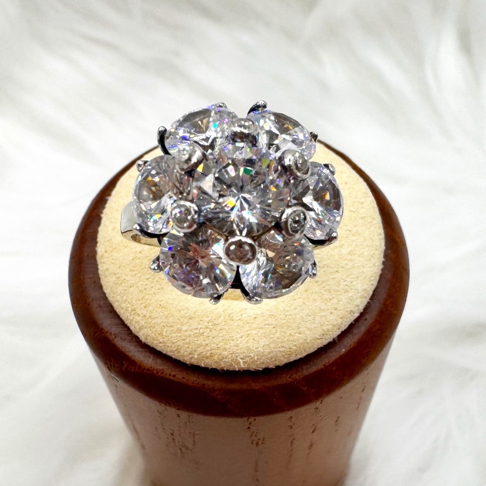 Sterling Silver & C.Z. Cocktail Ring. Sparkling floral cubic zirconia MJI sz 8
